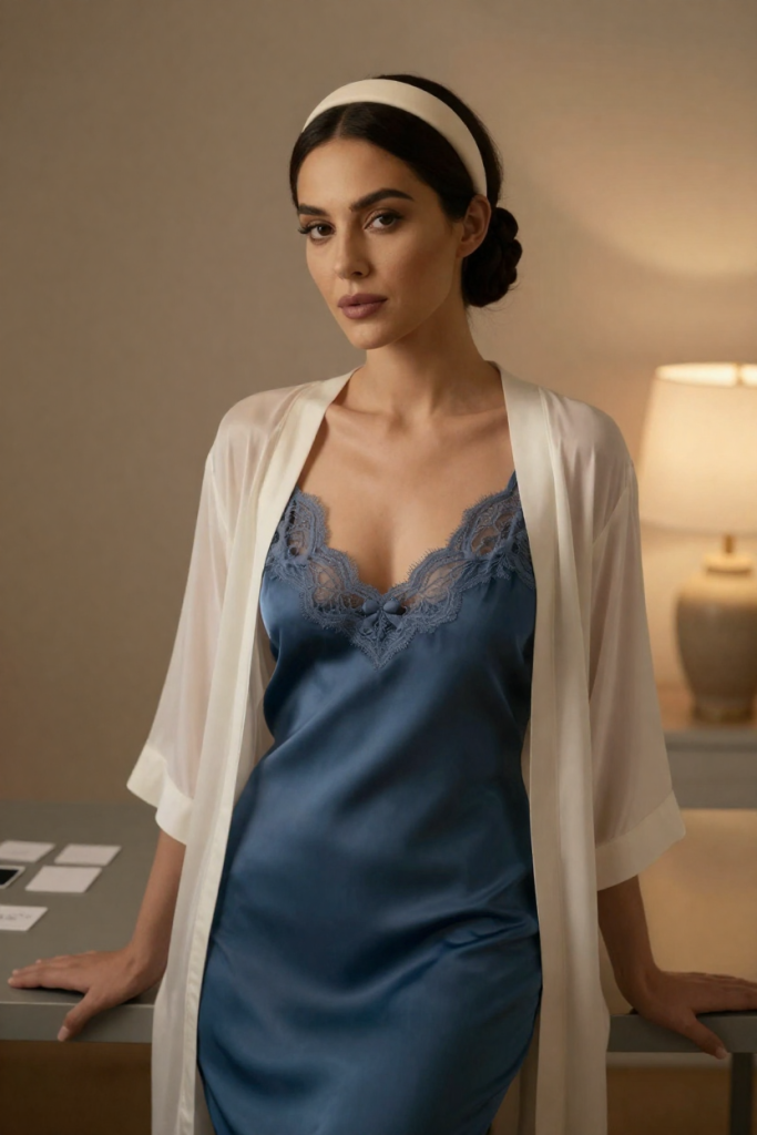 ChuhaiTech muse in a petrol-blue silk slip dress seated at a plain metal desk
